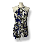 Top Halter Roberto Cavalli con Estampado de Plumas Azul y Cuello de Metal