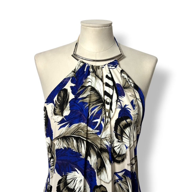 Top Halter Roberto Cavalli con Estampado de Plumas Azul y Cuello de Metal