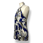 Top Halter Roberto Cavalli con Estampado de Plumas Azul y Cuello de Metal