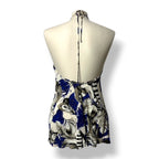 Top Halter Roberto Cavalli con Estampado de Plumas Azul y Cuello de Metal