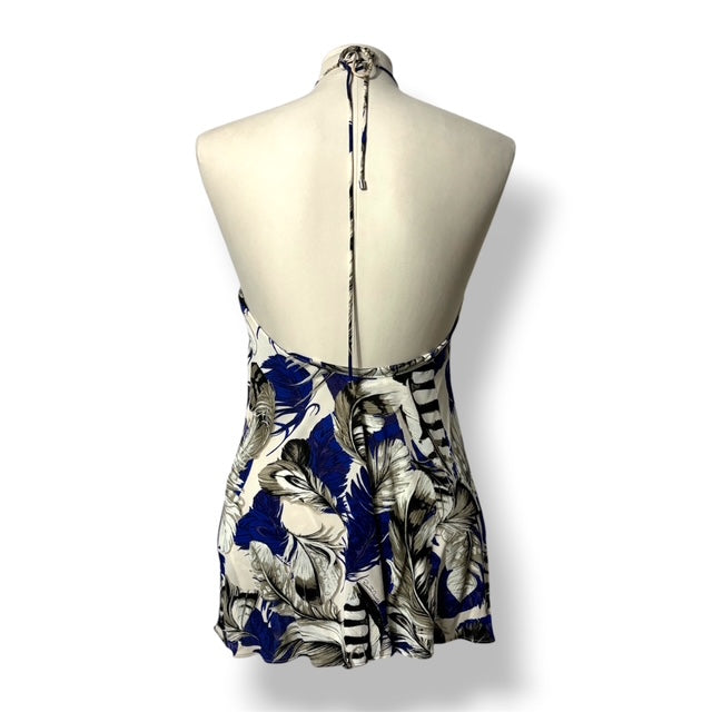 Top Halter Roberto Cavalli con Estampado de Plumas Azul y Cuello de Metal