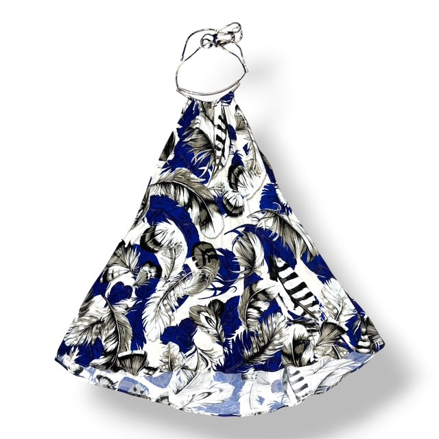 Top Halter Roberto Cavalli con Estampado de Plumas Azul y Cuello de Metal