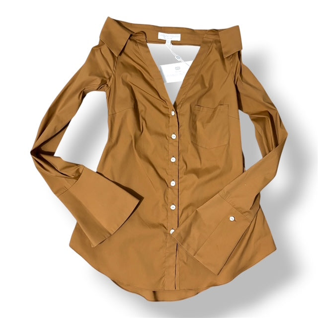 Camisa Popelín Caroline Constas con Escote Off-The-Shoulder y Puños Anchos