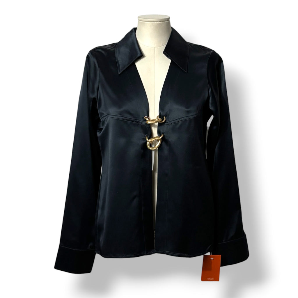 Blusa de Satén Azul Oscuro Cult Gaia con Cierre Frontal de Eslabones Dorados