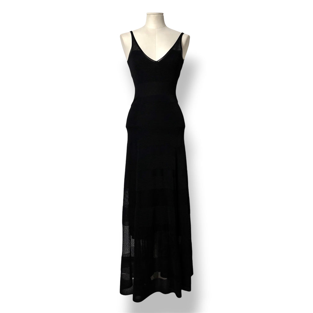 Vestido Largo de Punto Roland Mouret con Escote en V y Paneles Semitransparentes - Negro