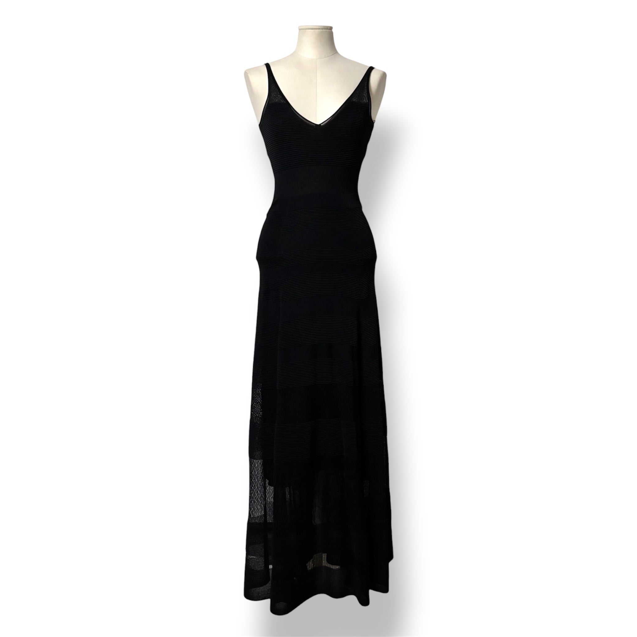 Vestido Largo de Punto Roland Mouret con Escote en V y Paneles Semitransparentes - Negro
