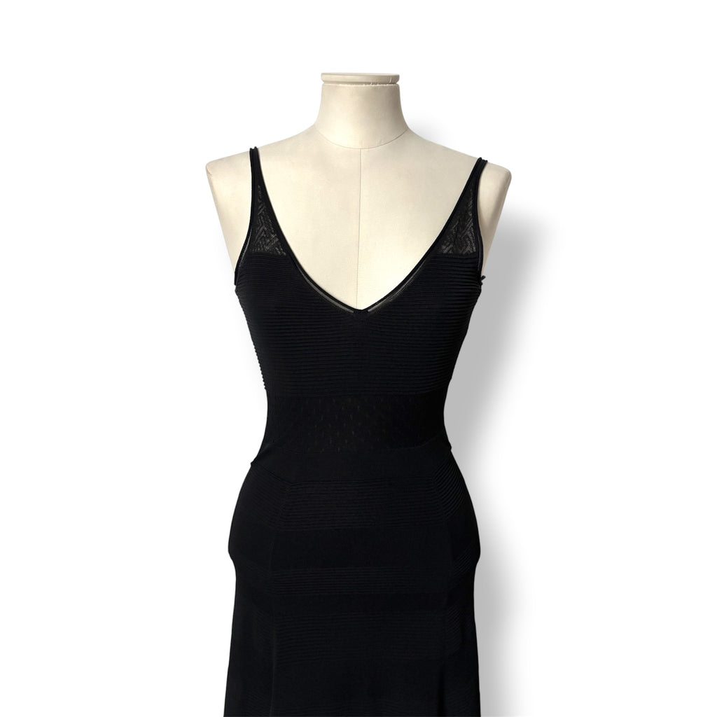 Vestido Largo de Punto Roland Mouret con Escote en V y Paneles Semitransparentes - Negro