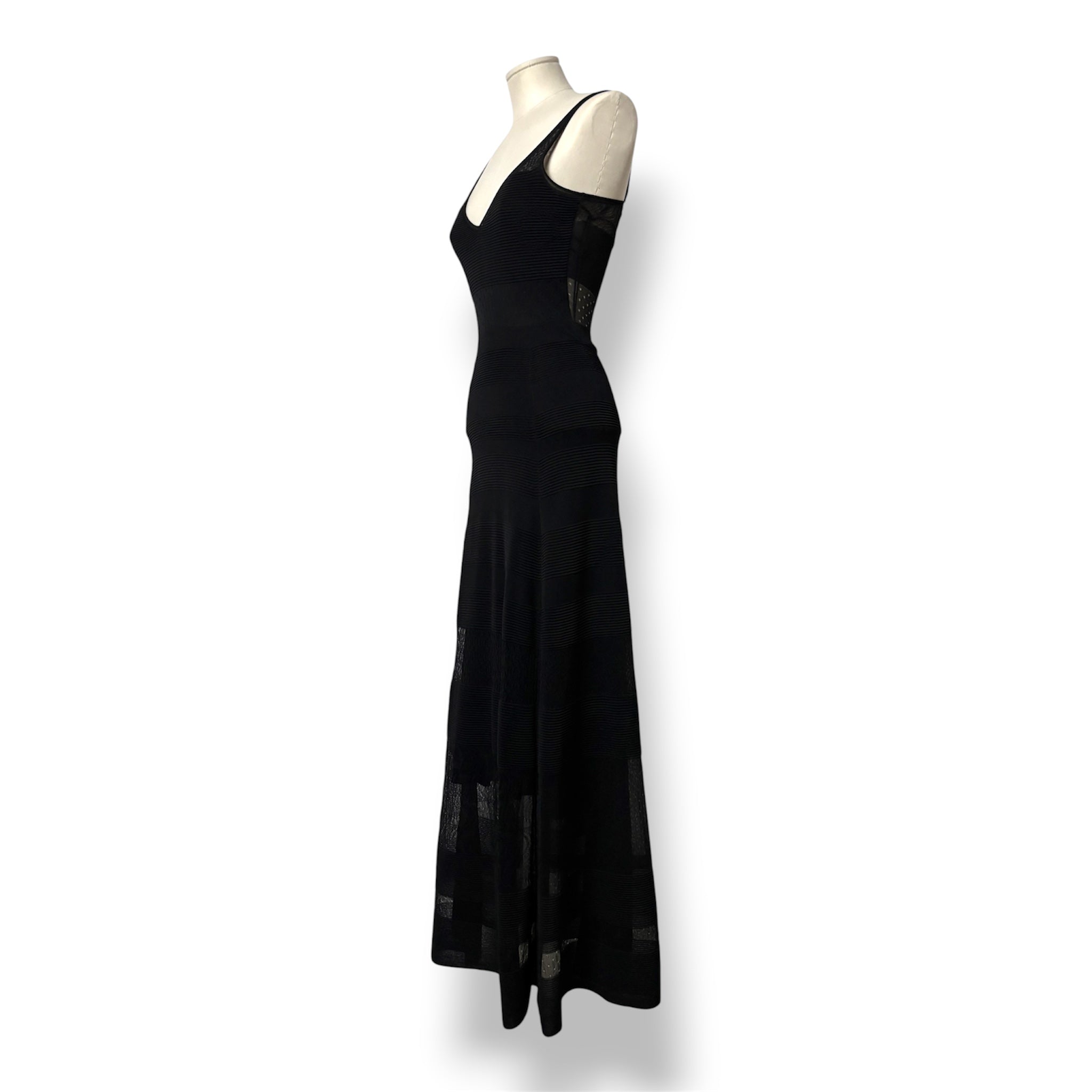Vestido Largo de Punto Roland Mouret con Escote en V y Paneles Semitransparentes - Negro