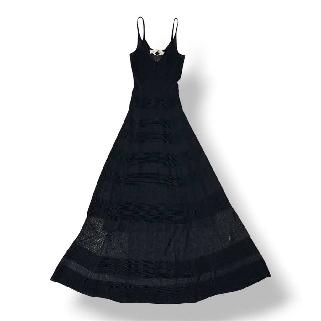 Vestido Largo de Punto Roland Mouret con Escote en V y Paneles Semitransparentes - Negro