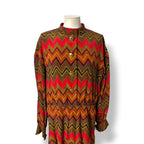 Vestido Midi Vintage Givenchy Plisado con Estampado de Zigzag y Botones Dorados