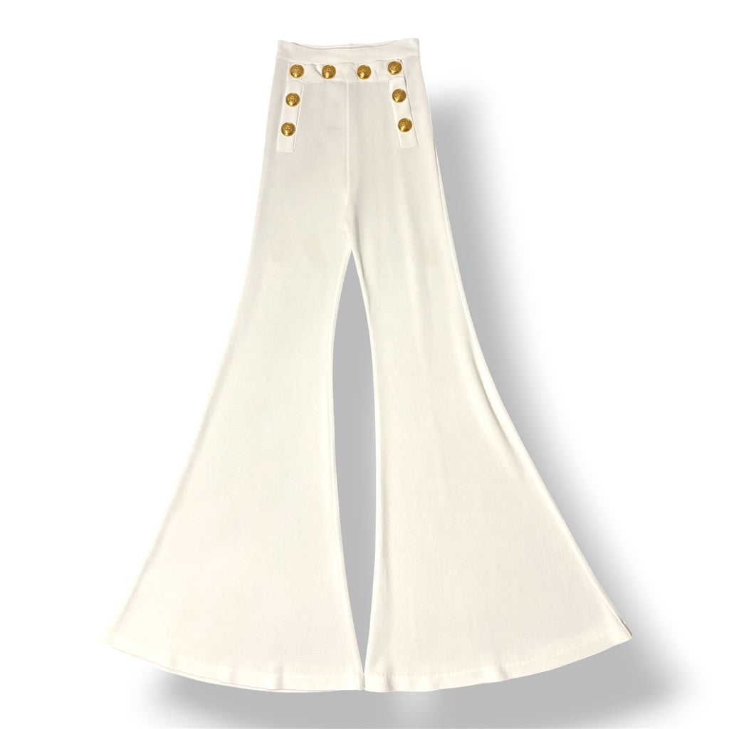 Pantalón de Punto Acampanado Balmain de Tiro Alto con Botones Dorados - Blanco