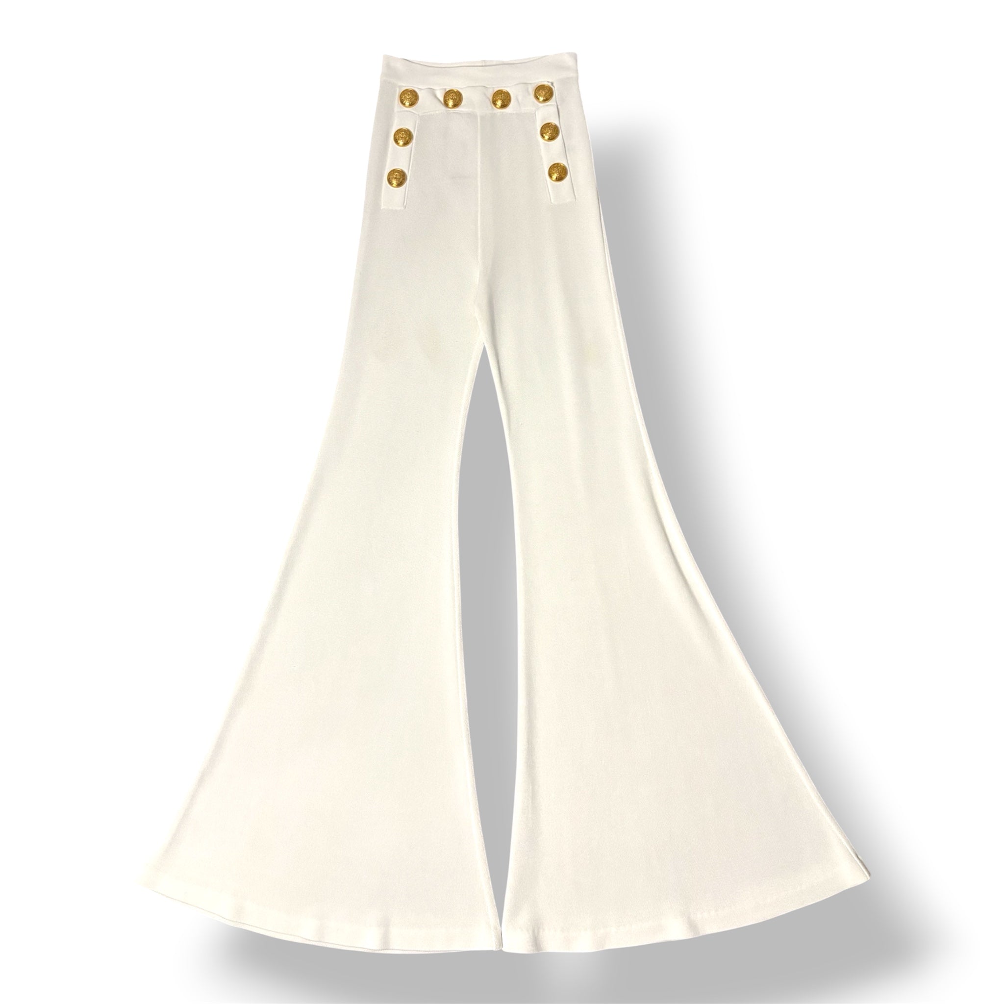 Pantalón de Punto Acampanado Balmain de Tiro Alto con Botones Dorados - Blanco