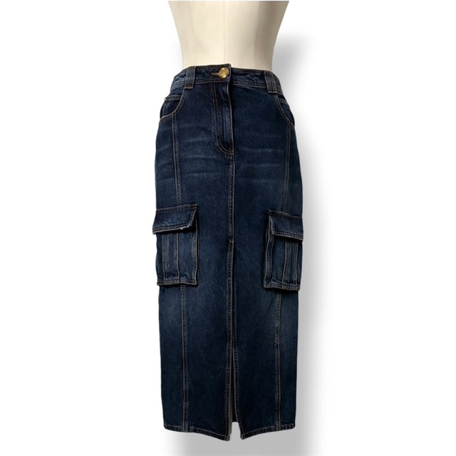 Falda Midi Vaquera Cargo Balmain – Azul Índigo