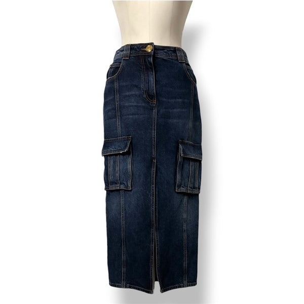 Falda Midi Vaquera Cargo Balmain – Azul Índigo