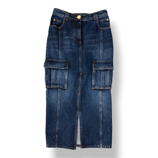 Falda Midi Vaquera Cargo Balmain – Azul Índigo