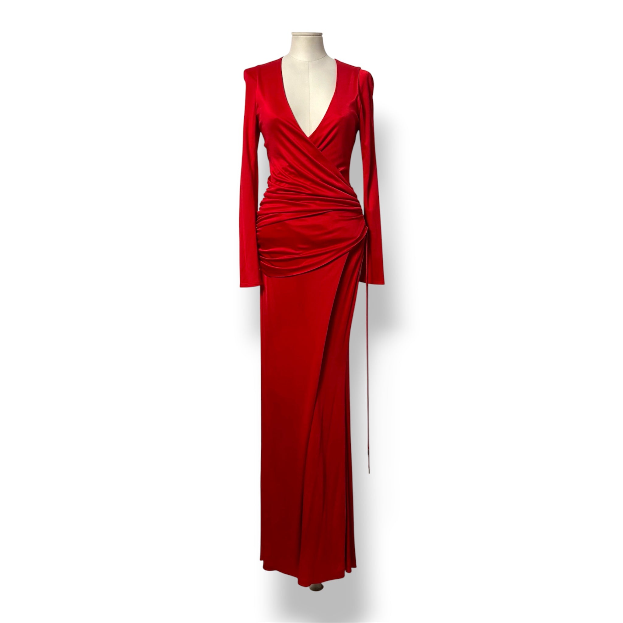 Vestido Largo de Noche Rojo con Mangas Largas y Drapeado – Galvan London