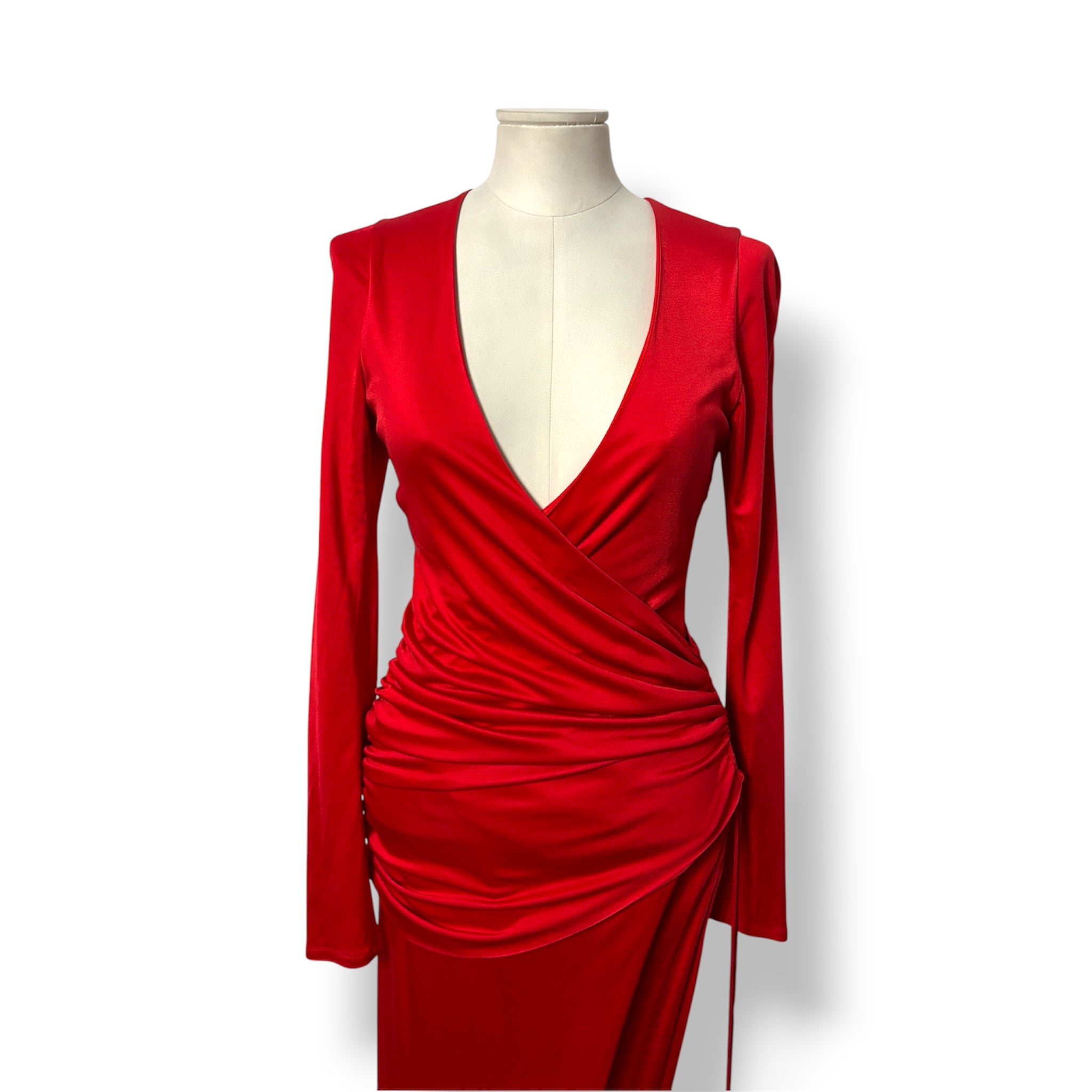 Vestido Largo de Noche Rojo con Mangas Largas y Drapeado – Galvan London