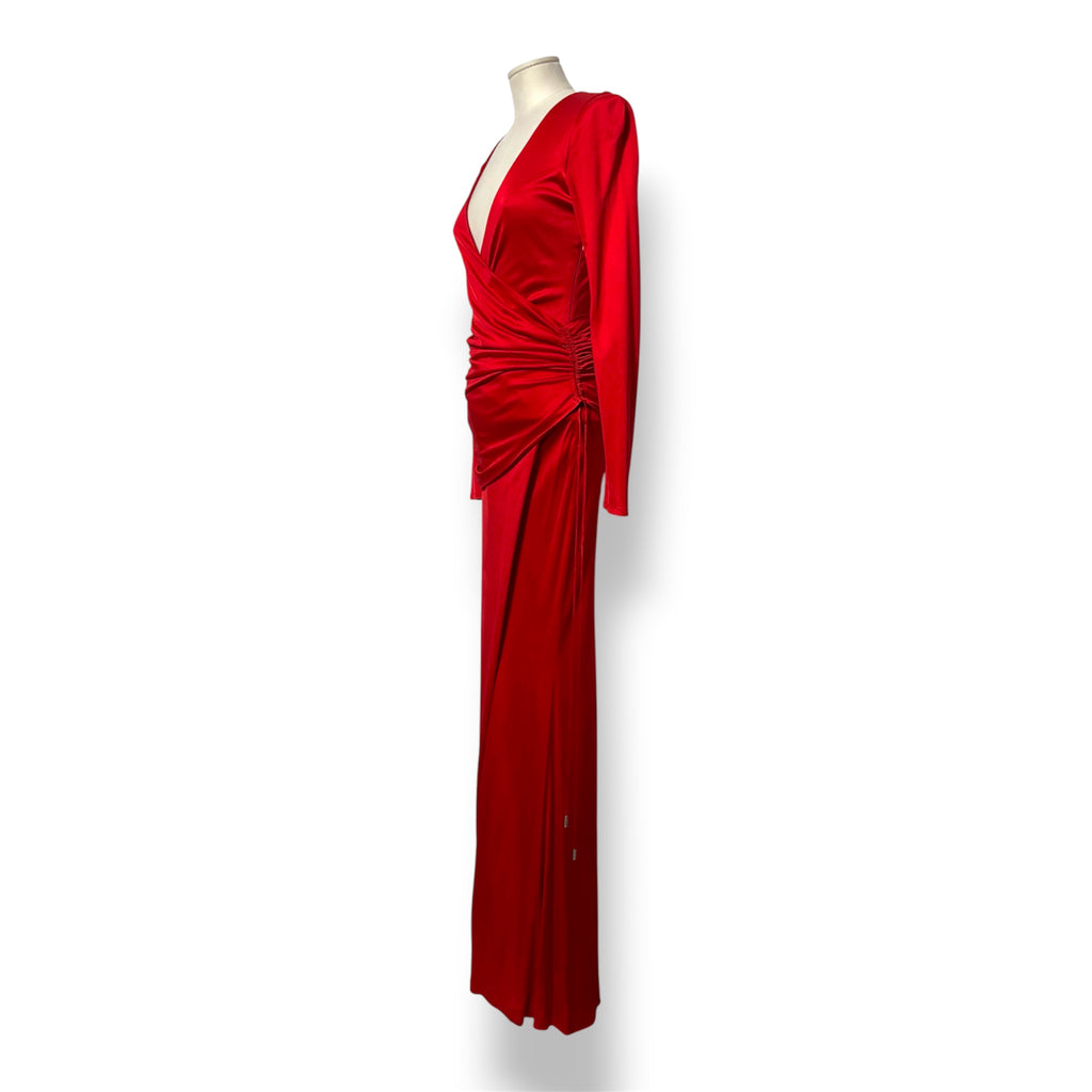 Vestido Largo de Noche Rojo con Mangas Largas y Drapeado – Galvan London
