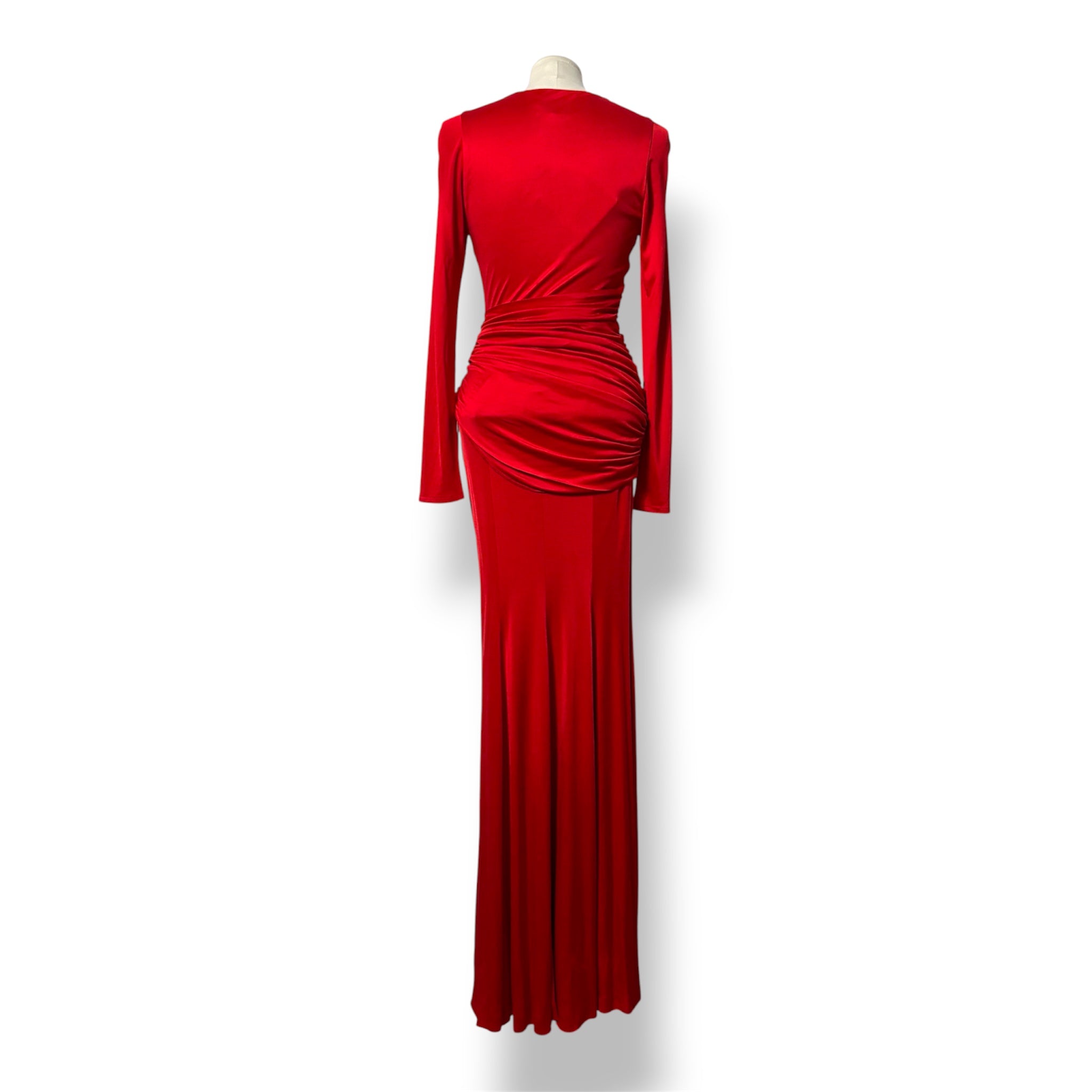 Vestido Largo de Noche Rojo con Mangas Largas y Drapeado – Galvan London