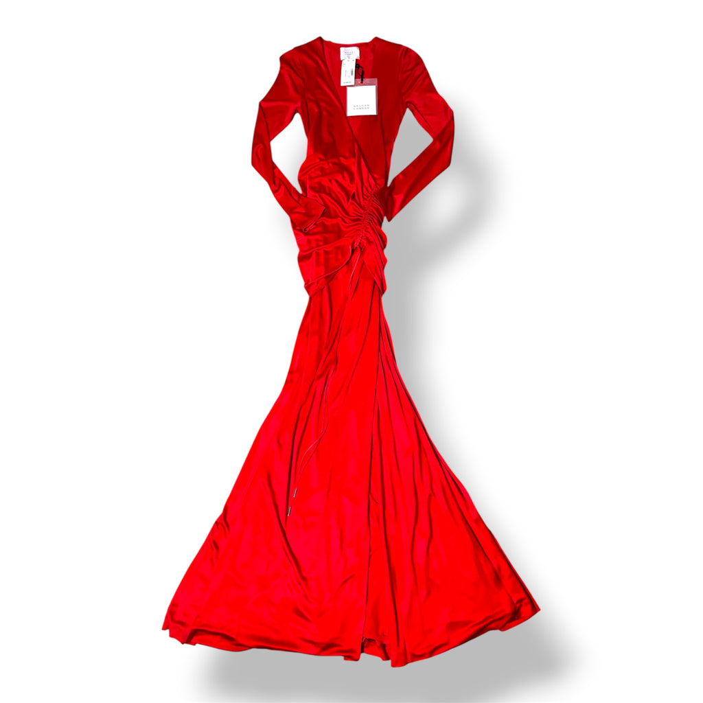 Vestido Largo de Noche Rojo con Mangas Largas y Drapeado – Galvan London