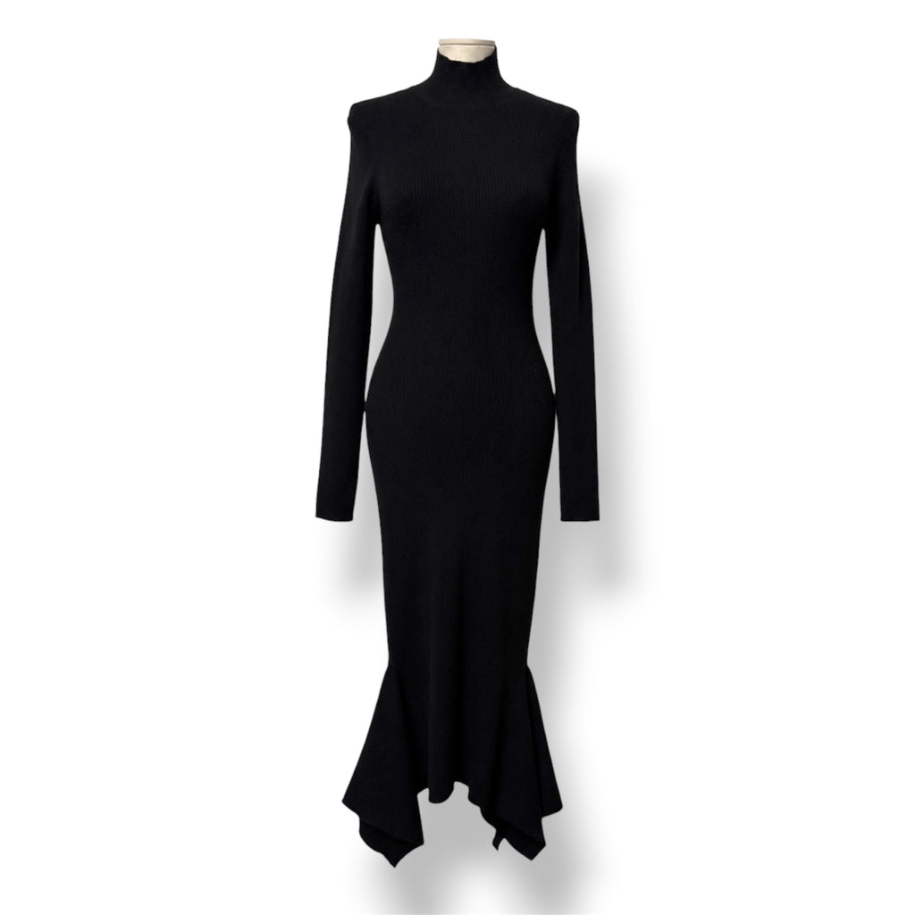 Vestido Midi Negro con Espalda Abierta y Manga Larga NBD