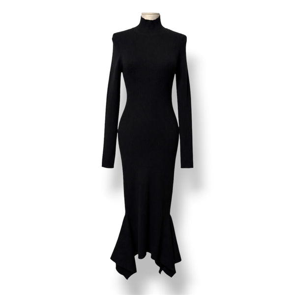 Vestido Midi Negro con Espalda Abierta y Manga Larga NBD