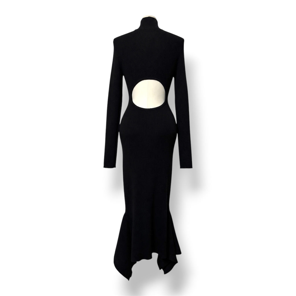 Vestido Midi Negro con Espalda Abierta y Manga Larga NBD