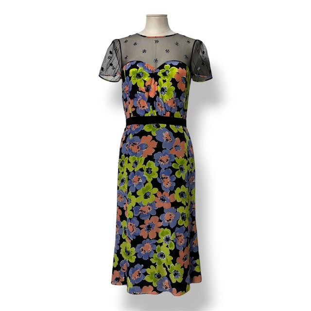 Vestido de Fiesta Moschino en Seda Floral con Escote Ilusión y Estrellas
