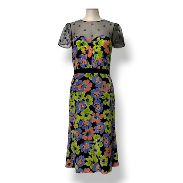 Vestido de Fiesta Moschino en Seda Floral con Escote Ilusión y Estrellas