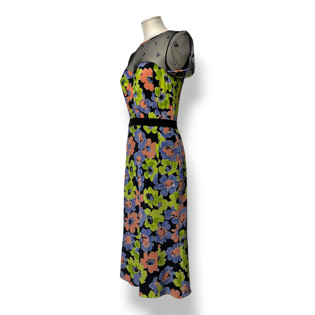 Vestido de Fiesta Moschino en Seda Floral con Escote Ilusión y Estrellas