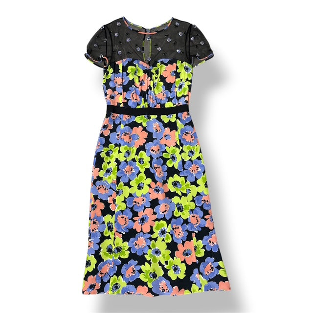 Vestido de Fiesta Moschino en Seda Floral con Escote Ilusión y Estrellas