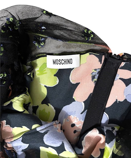 Vestido de Fiesta Moschino en Seda Floral con Escote Ilusión y Estrellas