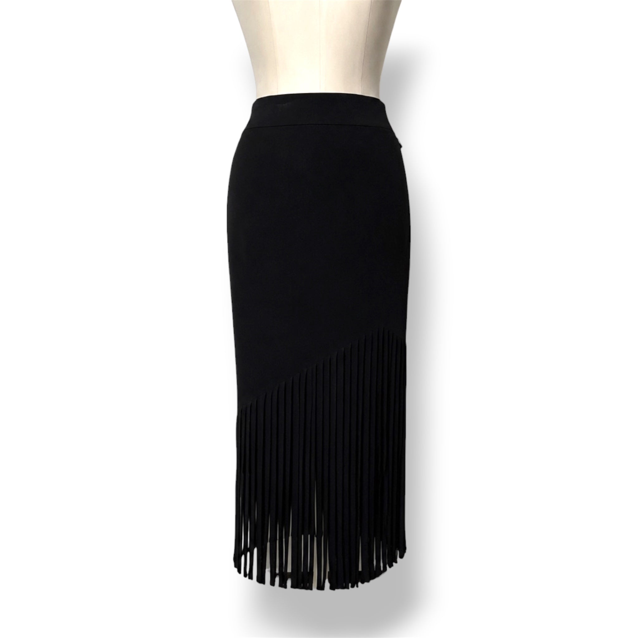 Falda Midi de Punto Negra Cushnie et Ochs con Bajo Asimétrico de Flecos