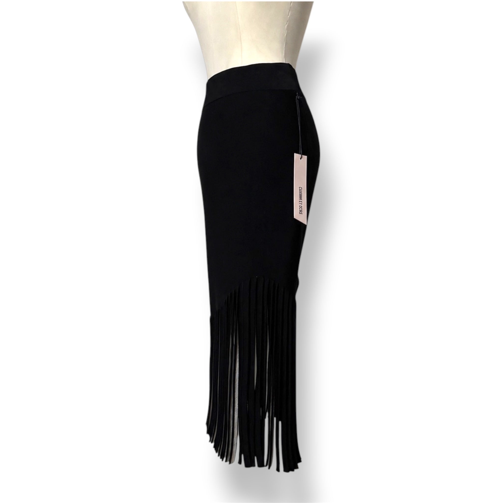 Falda Midi de Punto Negra Cushnie et Ochs con Bajo Asimétrico de Flecos