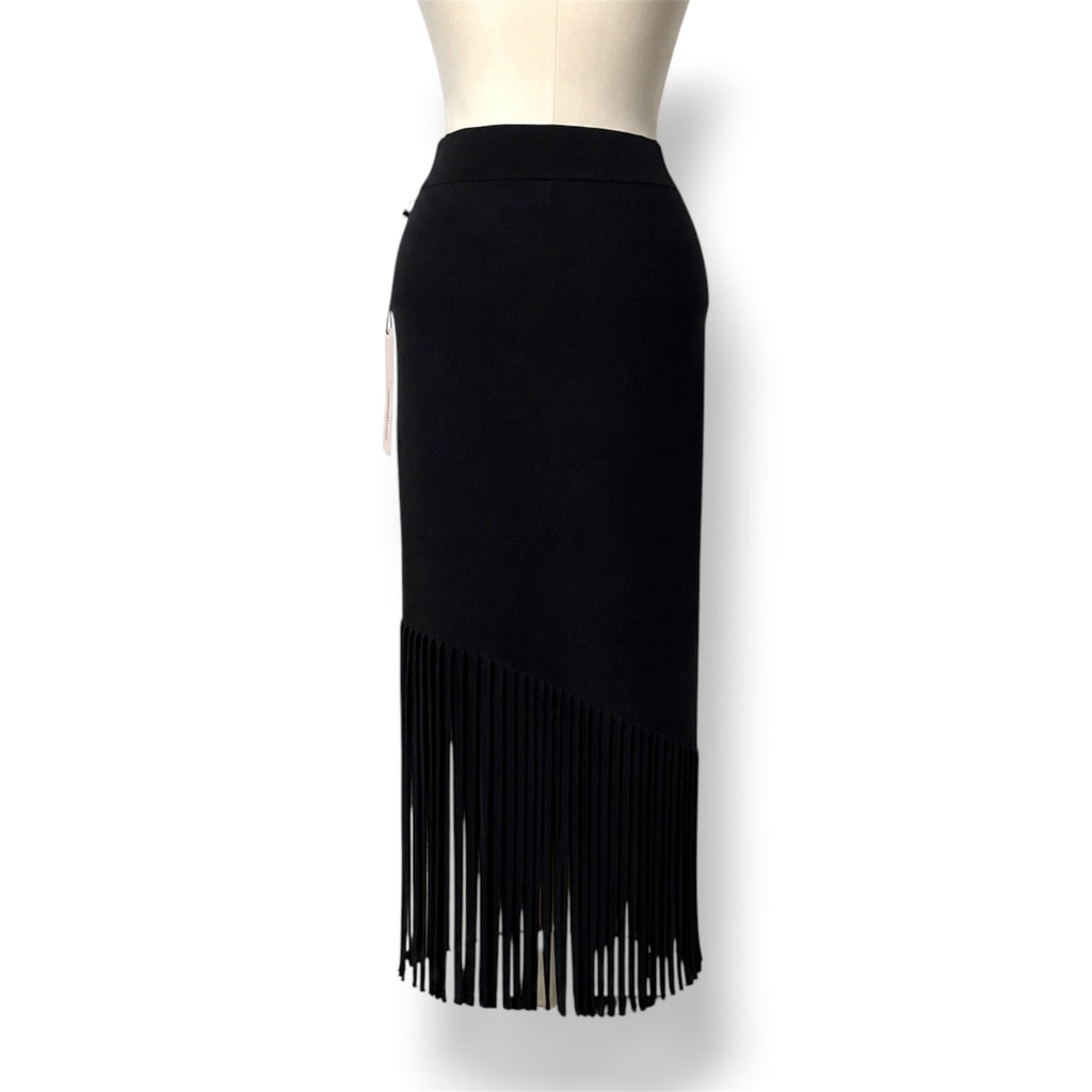 Falda Midi de Punto Negra Cushnie et Ochs con Bajo Asimétrico de Flecos