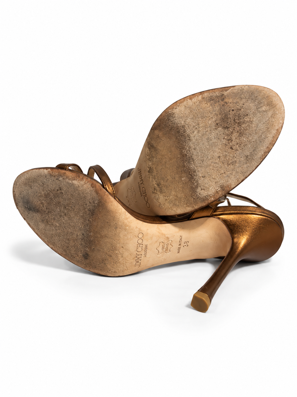 Sandalias Jimmy Choo metalizadas color bronce con caja – Talla 38