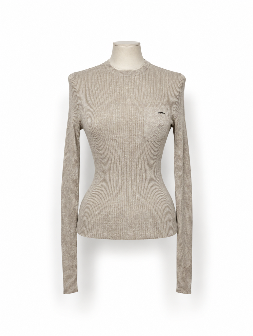Jersey Prada de punto canalé beige con bolsillo – Talla 40