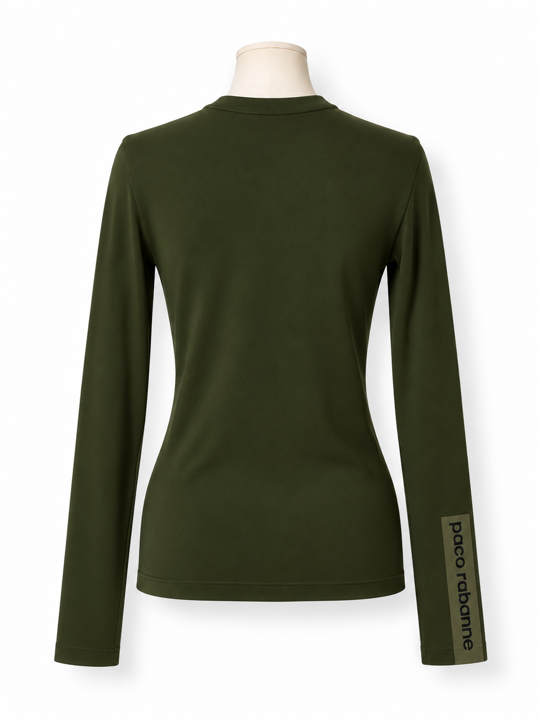 Camiseta Paco Rabanne verde caqui de manga larga con logo en el puño – Talla S